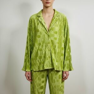 Princess Polly Lime Green Textured Satin Pajama Set Flowy Pair Relaxed Fit Luxe